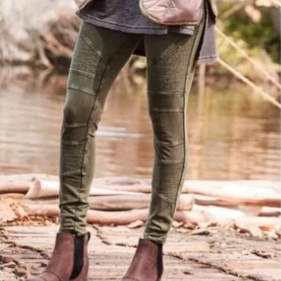 Sundance stretch cotton moto leggings in olive green, size Small - Picture 2 of 7